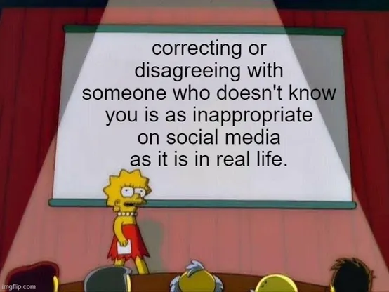 Lisa Simpson's Presentation meme

the slide on the projector screen says "correcting or disagreeing with someone who doesn't know you is as inappropriate on social media as it is in real life."