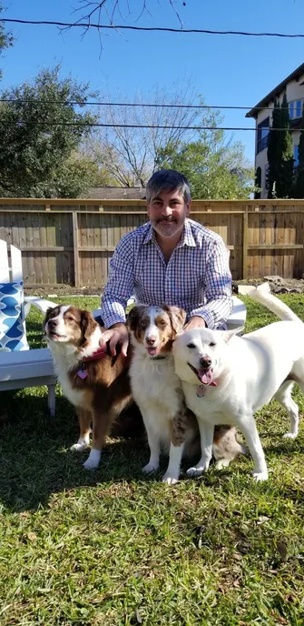 Photo of husband holding on to 3 dogs