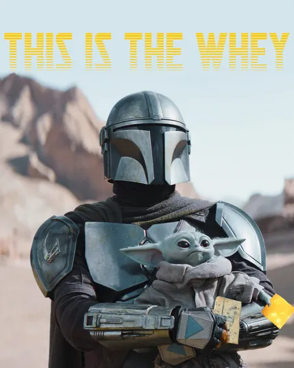 the Mandalorian and Baby Yoda stand, each holding a slice of cheese.

The caption reads THIS IS THE WHEY