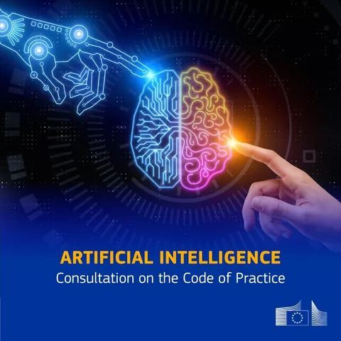 The image shows a human brain divided into two halves, with the left side in blue and the right side in pink. In the top-left corner, an artificial hand is pointing to the brain. Similarly, a human hand is pointing to the brain from the bottom-right corner. At the bottom, there is text that reads “ARTIFICIAL INTELLIGENCE - Consultation on the Code of Practice.” 