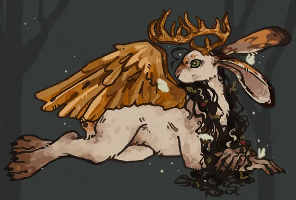 one of my fursona’s representations, a fairytale creature. it’s kind of sphynx-like (or a bit griffin-like) in body shape. it's quadrupedal but the front paws are actually hands. they have the head of a rabbit but with long curly brown hair that has twigs, leaves, berries tangled in it. they have big gold antlers and wings. they have four glowing moth friends with them