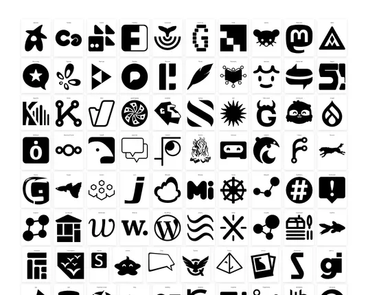 A large grid of black-and-white icons of a variety of fediverse platforms and services.