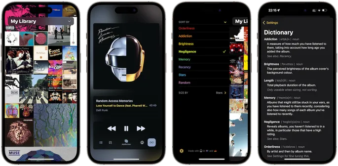 Row of four iPhone screenshots:
- The album wall, which now has a collection picker
- The new now playing screen, including a shuffle button
- The various sort orders, including the new Memory sorting
- An in-app dictionary of the sort orders