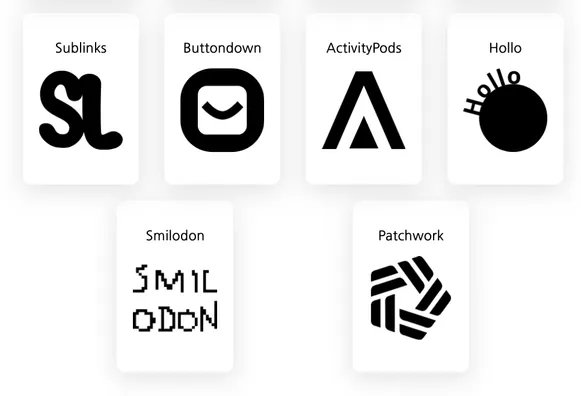 Screenshot of Sublinks, Buttondown, ActivityPods, Hollo, Smilodon and Patchwork icons