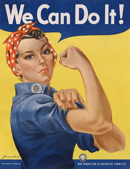 The "We Can Do It!" war-propaganda poster from 1943 was re-appropriated as a symbol of the feminist movement in the 1980s.

It shows a Woman in a blue shirt with a red dotted bandana flexing her muscles