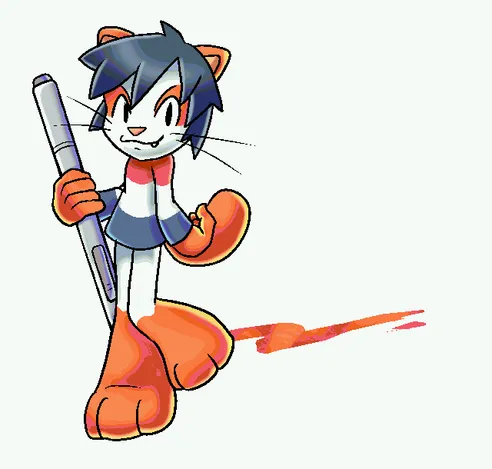 a 256 color piece of an anthro orange-white cat holding a giant wacom artpad pen. he has messy black hair and a dutch flag shirt.