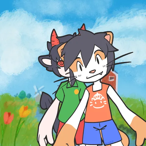 anthro white-orange cat with black hair and an anthro white devil cat standing in front of a rural dutch landscape with windmills and houses