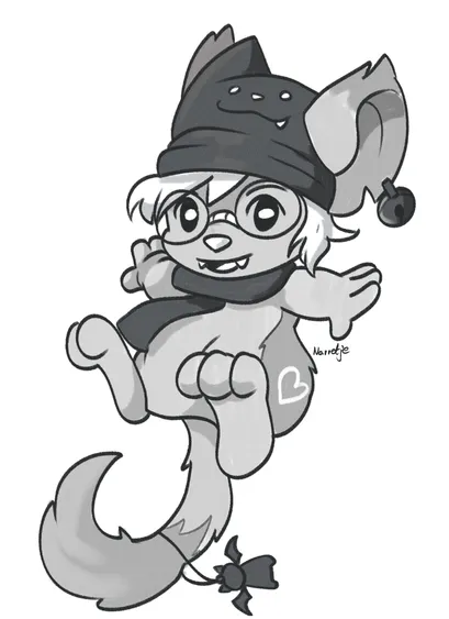 chibi mouse with cat hat, black scarf, bell earring and bat tail accessory being happy