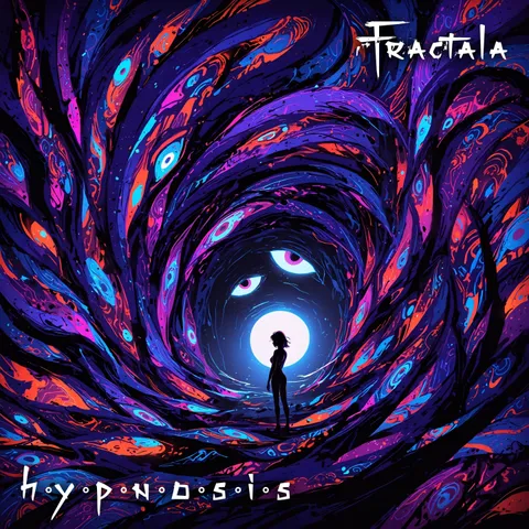 Artwork for "Hypnosis" by Fractala.
It displays a silhouette of a woman going through a mysterious organic-like tunnel, with shades of purple, blue and orange
