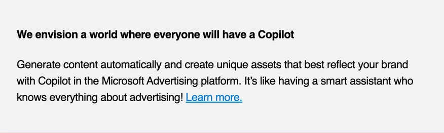 We envision a world where everyone will have a Copilot

Generate content automatically and create unique assets that best reflect your brand with Copilot in the Microsoft Advertising platform. It’s like having a smart assistant who knows everything about advertising!