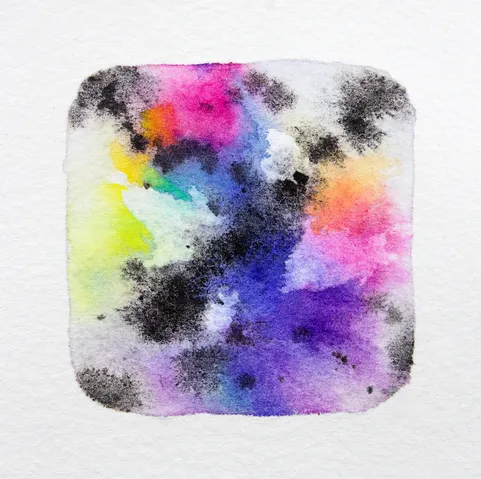 An abstract watercolour painting. A rough square of beautiful shifting colours against a white background, with touches of darkness plaguing it.