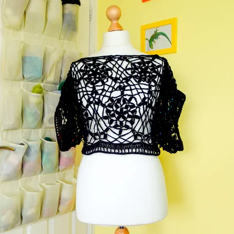 Black lacy crochet crop top displayed on a dummy. The top is made up of repeating motifs in a vaguely floral design, but is mostly open lace. In the background is a shoe organiser hanging on the back of the door, containing all kinds of colourful craft materials.