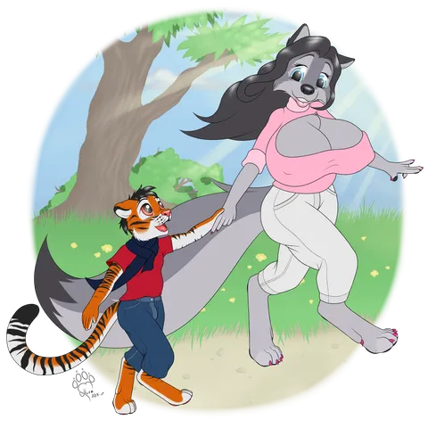 Ulvra, a motherly moof in sweater and jeans, out for a springtime walk with her adopted kitten, wearing his knitted scarf