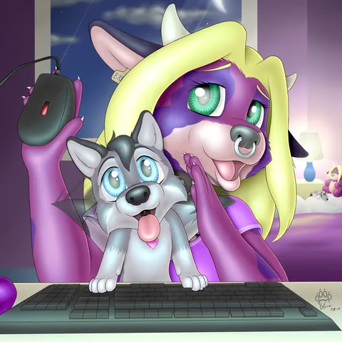 Maxine, a purple furred moo-fox playing Elite Dangerous when suddenly an excited moof pupper jumps up from her lap onto the keyboard to catch the big shiny space balls