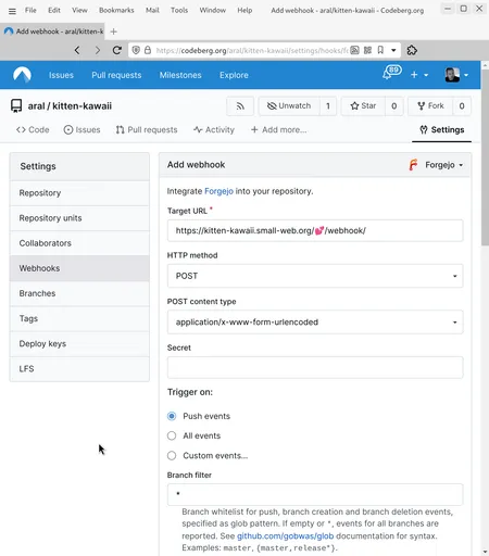 Codeberg’s web hook page for the aral/kitten-kawaii project with a webhook for https://kitten-kawaii.small-web.org/💕/webhook/ on POST events.