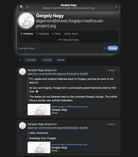 a screenshot of a Fogejo account with comments as seen through a Mastodon account logged into Phanpy