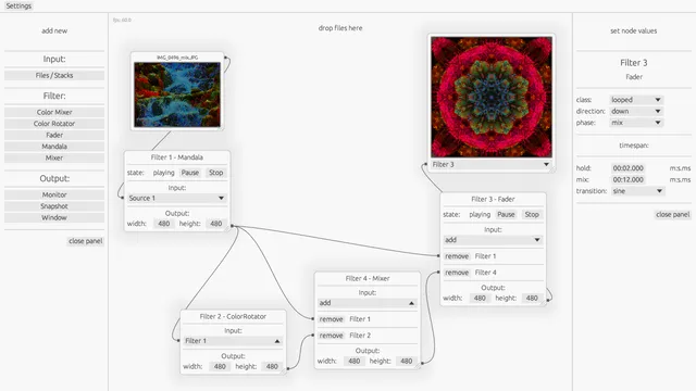 Screenshot of a video mixer app. A picture is connected to a mandala node. The mandala node is connected to a color rotator, a mixer and a fader. Ehe result is mixed in a chain to the final result, a colorful mandala, which is shown on a monitor node.