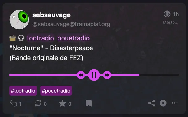 screenshot of an audio player in a fediverse client called statuzer.com