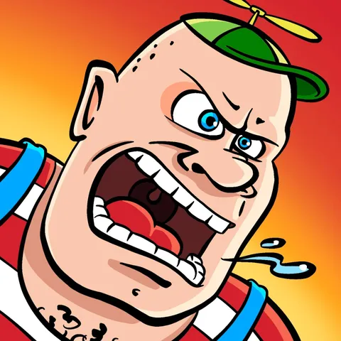 A screaming cartoon man in the style of a mobile game icon. The man is wearing silly children's clothes.