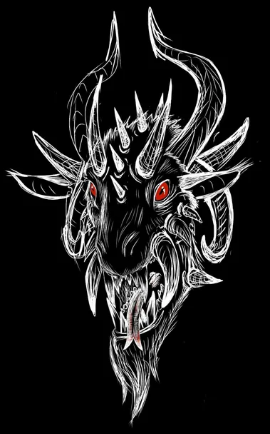 Headshot of a goat-like creature with multiple horns, red eyes and a forked tongue. Drawn in sketchy style white ink on a black background.