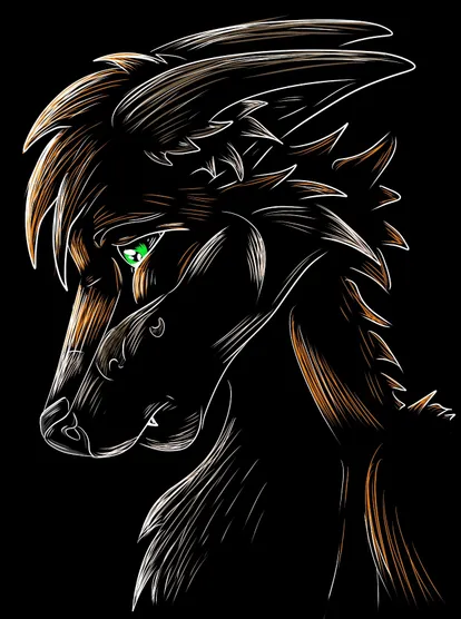 Dark stylised portrait of a sad anthro red fox with green eyes