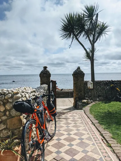 My bike in bike-packing setup looking out to the sea on the Isle of Wight.