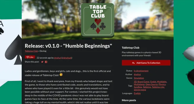 A screenshot of the devlog for the first official and stable release of Tabletop Club.