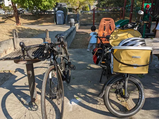 Picture of our two bicycles - a Specialized Roubaix on the left and a Tern HSD on the right.