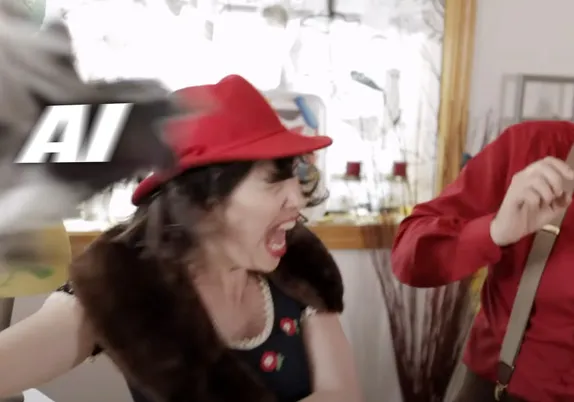 The part of the sketch where Fred Armisen and Carrie Brownstein are attacked by a bird and the whole store gets destroyed. The bird is labeled AI in motion blurred text.