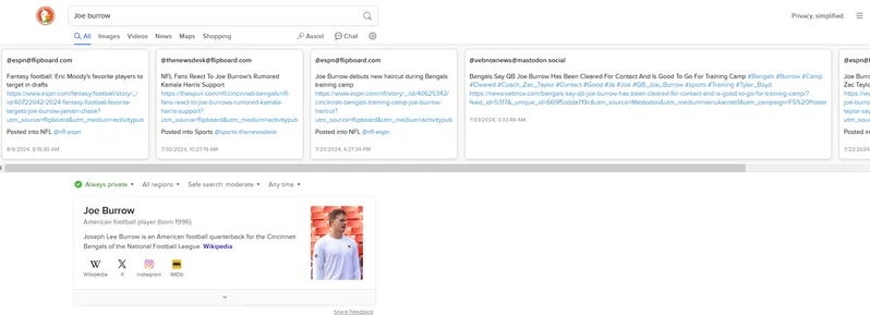 Screenshot of a duckduckgo search for 'Joe Burrow'
At the top of the search is a list of posts from my mastodon server that matched my search in duckduckgo