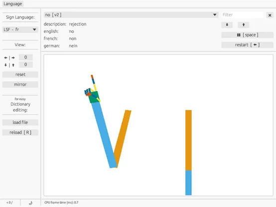 Screenshot of a sign language learning app. The arms, hands and fingers are represented by colored rectangles. The french sign for for no is visible. The app has a side panel which contains buttons for the language, sign language, to change and reset the view, to load another dictionary file. In a panel on the top, the sign is selected and a description and translation to English, French and German is shown. There is also a field to filter the signs, buttons to step through the list of signs and buttons to pause and restart an animation.