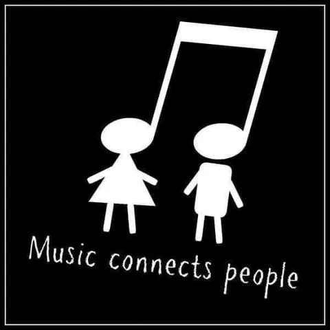 A pair of connected eighth-notes are the heads of two people standing next to each other. Text below the image reads: Music connects people