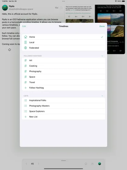 Screenshot of timeline switcher in Pipilo. It lists Home, Federated and Local timelines along with followed hashtags and custom lists.