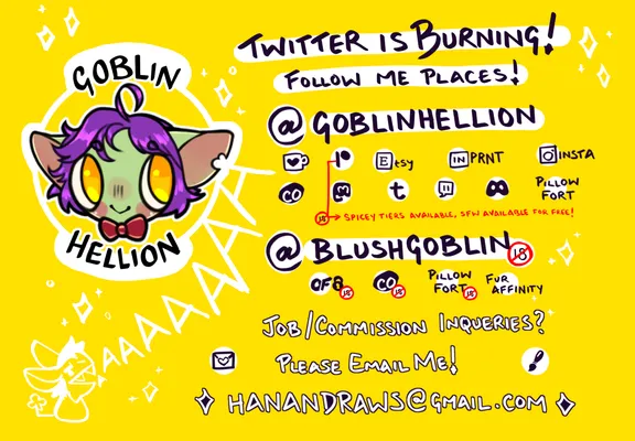 My contact landing card, showing all of the icons of the websites I can be found at. GoblinHellion on: ko-fi, patreon, etsy, inprnt, instagram, cohost, mastodon, tumblr, twitch, discord, and pillowfort. Blushgoblin (18+ only) on: onlyfans, cohost, pillowfort, furaffinity.