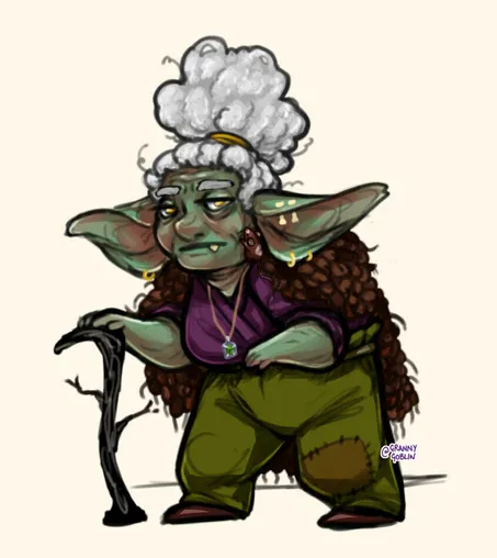 Drawing of my dnd character, Griddle, the circle of the moon druid, who is an old lady goblin hermit. She has a "cloak" of living rats that are her friends, and uses a cane as a mobility aid even though she is much stronger than she looks.