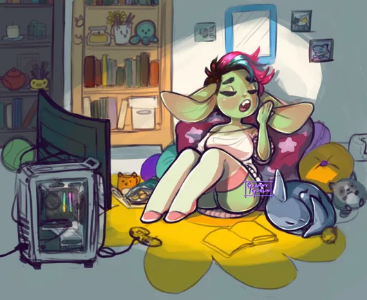 a cute goblin sits in a pile of pillows, wearing an oversized sweater and thigh high socks. Their shark puppy curls up sleeping next to them, while the goblin yawns. It's 3am and they've spent all night gaming in front of their computer, eating snacks, and reading manga. The illustration has soft colours, making it look late with the monitor light casting shadows behind the goblin in their apartment.