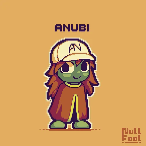 Fanart for AnubiArts avatar: A short green character with long hair and a white cap with the letters A & N