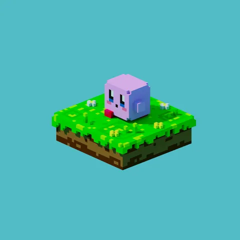 A small voxelart of Kirby walking on a field 