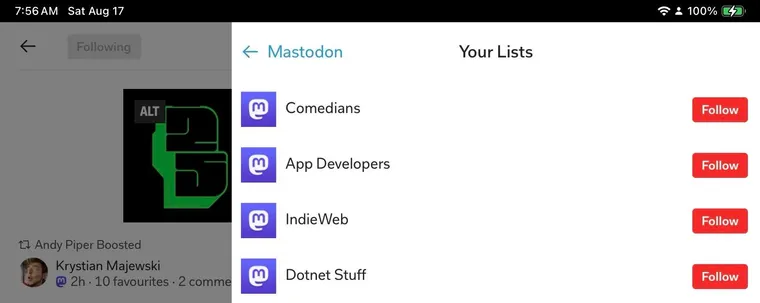 The image shows a user interface from Flipboard, displaying a list of user lists titled "Your Lists," including categories like Comedians, App Developers, IndieWeb, and Dotnet Stuff.“