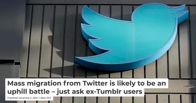 a screenshot of a news headline image; the background is a photo of twitter headquarters and the headline is "Mass migration from Twitter is likely to be an uphill battle - just ask ex-Tumblr users"