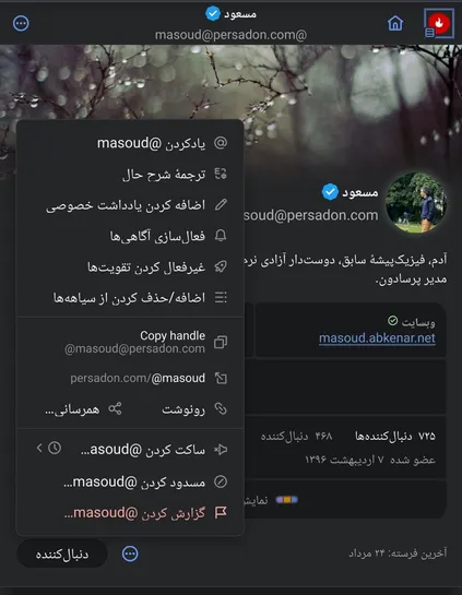 User profile on a social network page with various menu options in Persian, including translation, private note, and blocking. The profile includes a name, email, website, and follower information.