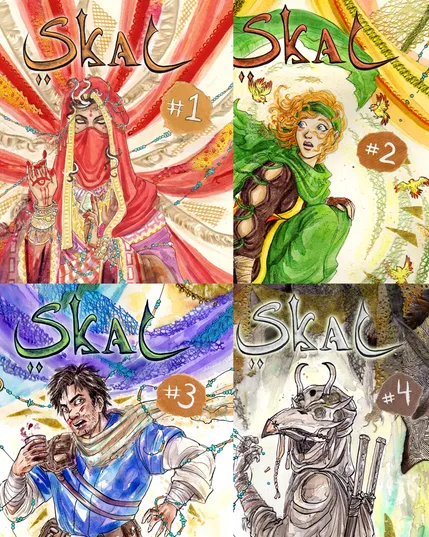 A collage of four issues of the fantasy comic Skal