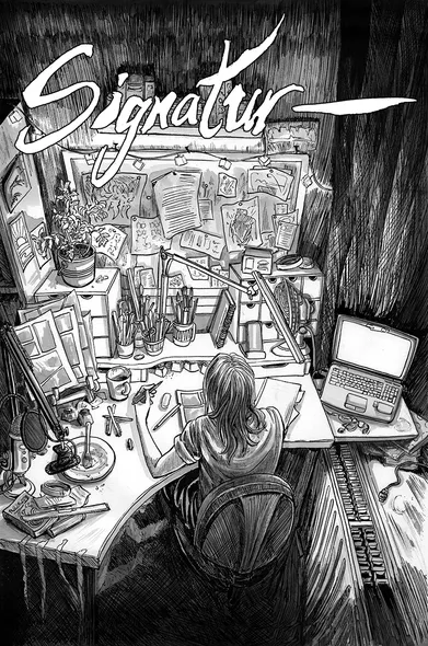 comic cover for Signatur, Jen's first horror short. A person is sitting by an art desk, drawing comics on their own. It's a gloomy, lonely scene.