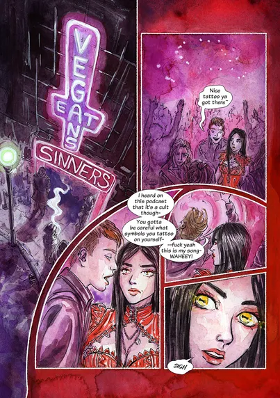 Page 1 from Jenitales Vegasm's "Hail Seitan". It's a club scene where a woman is being hassled by a drunk patron who notices a tattoo and is like: "Omg you gotta be careful, I've heard it's a CULT"