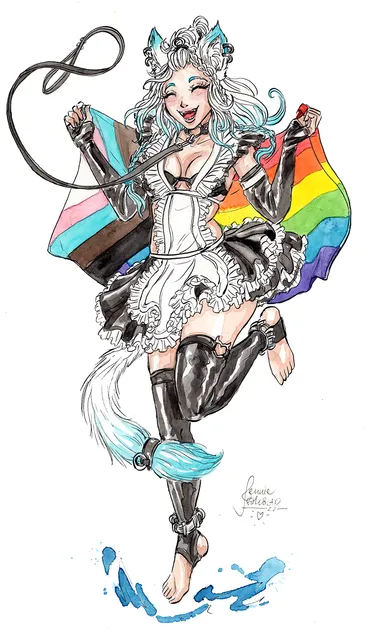 A catgirl in maid fetish gear (including collar and leash) is mid-jump, looking delighted. She's holding a LGBTQIA flag up behind her.