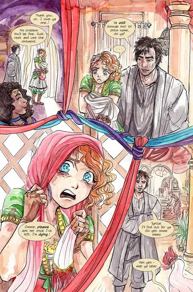 A page from my webcomic Skal. It shows a flustered Voresh who's about to run off. She still doesn't seem to know another persons name and it's too late to ask now, making it all very awkward. 