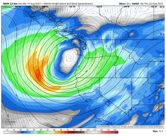 Image of a storm system shown on the NAM (North America Model) posed to affect the Pacific Northwest later this Thursday/Friday with rain and potential thunderstorms!