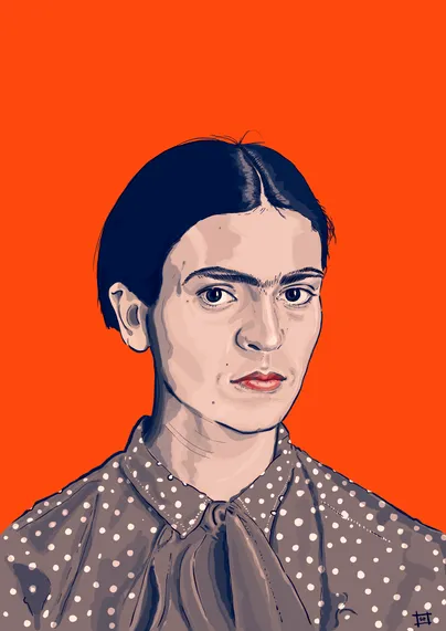 digital ink illustration i drew to mark the anniversary of frida kahlo's birth. 
she looks directly at her audience, in 3/4 profile. her hair is in a chic bob (the image that served as the reference having been taken in 1926) rather than her famous plaits. frida's eyes are steadfast & unflinchingly reading your soul.
colours are deep, vibrant tangerine & indigo blue.