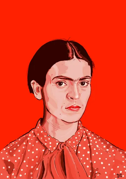 digital ink illustration i drew to mark the anniversary of frida kahlo's birth. 
she looks directly at her audience, in 3/4 profile. her hair is in a chic bob (the image that served as the reference having been taken in 1926) rather than her famous plaits. frida's eyes are steadfast & unflinchingly reading your soul.
colours are peach, black & deep tomato.