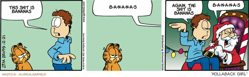 Original Garfield comic from December 21, 2010
Text replaced with lyrics from: Hollaback Girl

Transcript:
• This Shit Is Bananas
• B-A-N-A-N-A-S
• Again, The Shit Is Bananas
• B-A-N-A-N-A-S


--------------
Original Text:
• Jon:  I STILL don't know what to get Liz.  I think I'll consult with an expert...  ...and she's about this tall.
• Santa:  SECURITY!